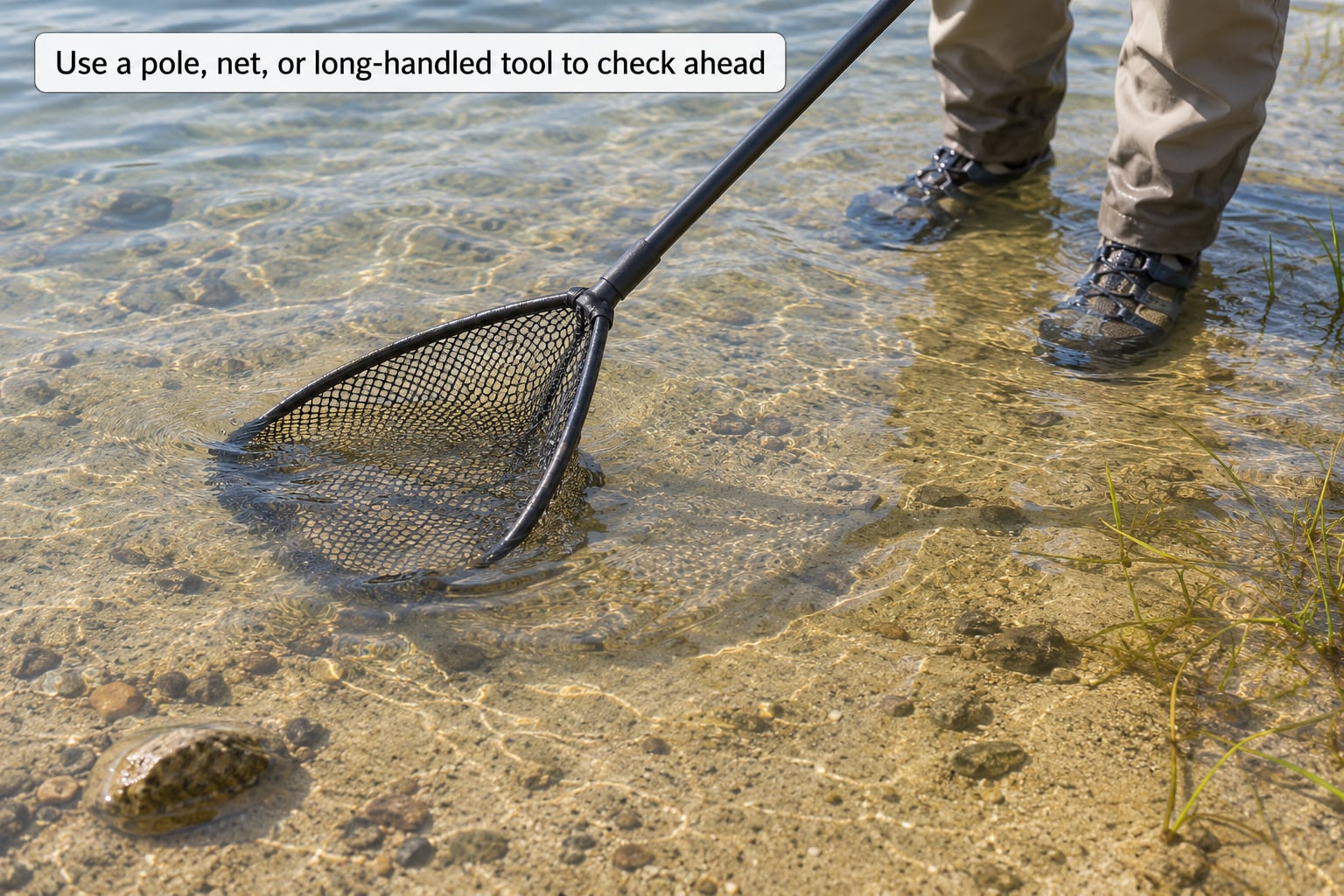 Use a pole, net, or long-handled tool to check ahead