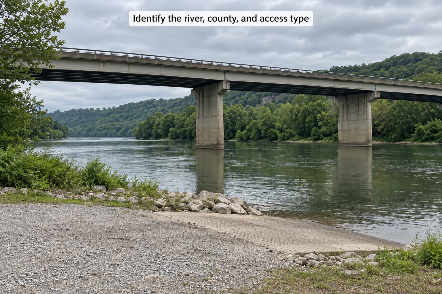 Identify the river, county, and access type