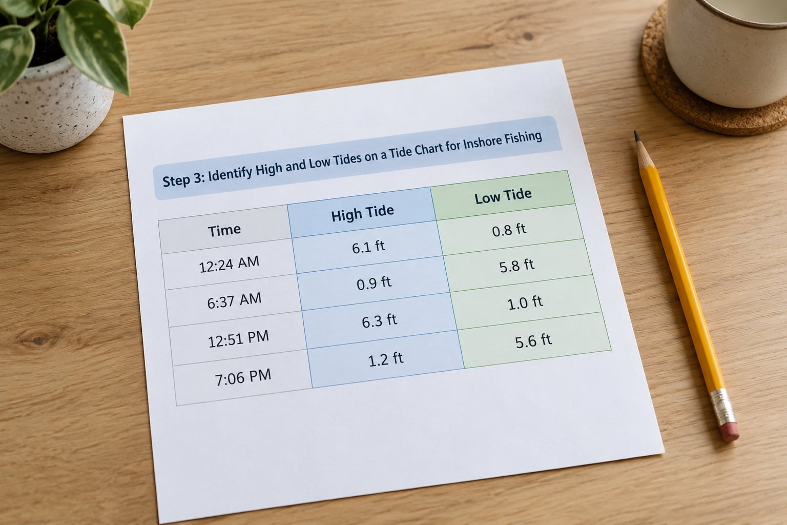 Step 3: Identify High and Low Tides on a Tide Chart for Inshore Fishing