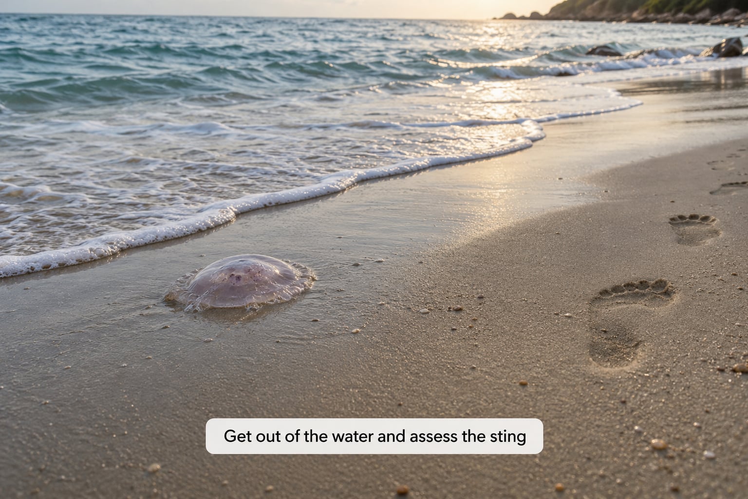 Get out of the water and assess the sting